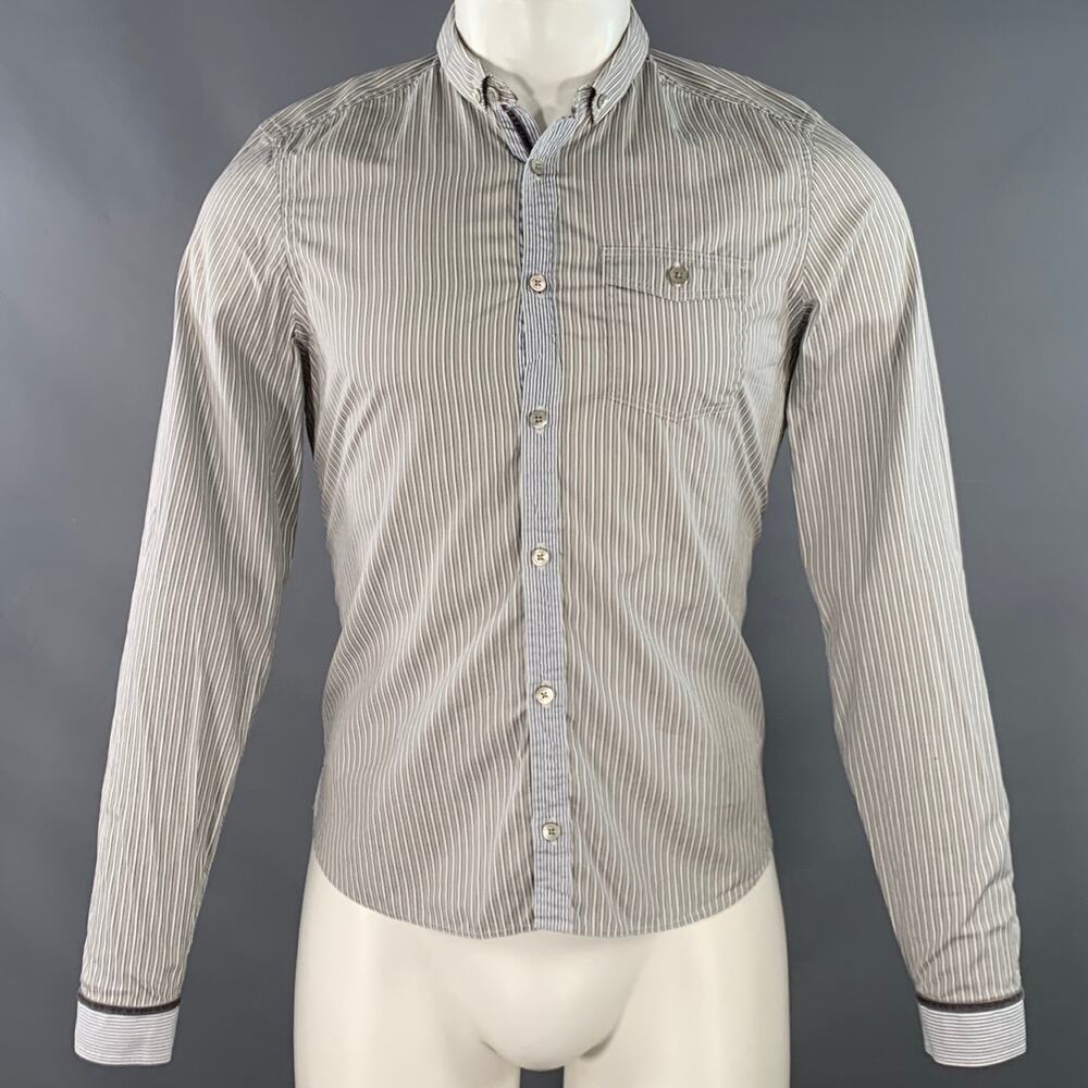 BURBERRY PRORSUM Size S White Grey Stripe Cotton One Pocket Long Sleeve Shirt